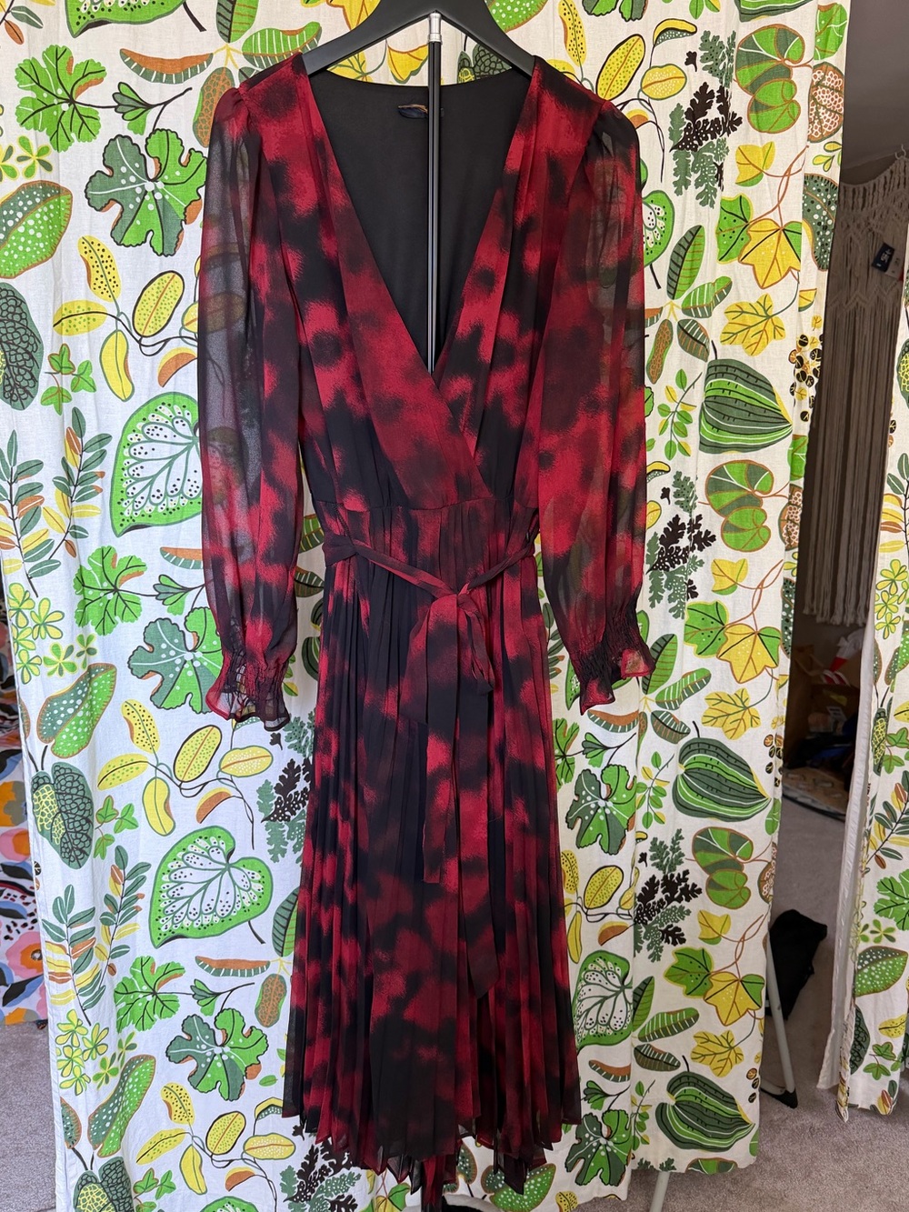 Red & Black Abstract Print Pleated Midi Wrap Dress Sheer Sleeve